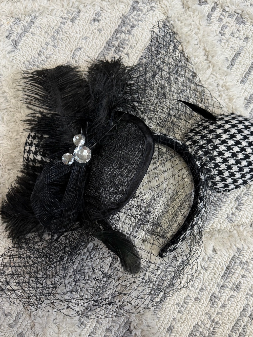 Disney Minnie Ears Black Feather Veil Fascinator Headband with Rhinestone Accent